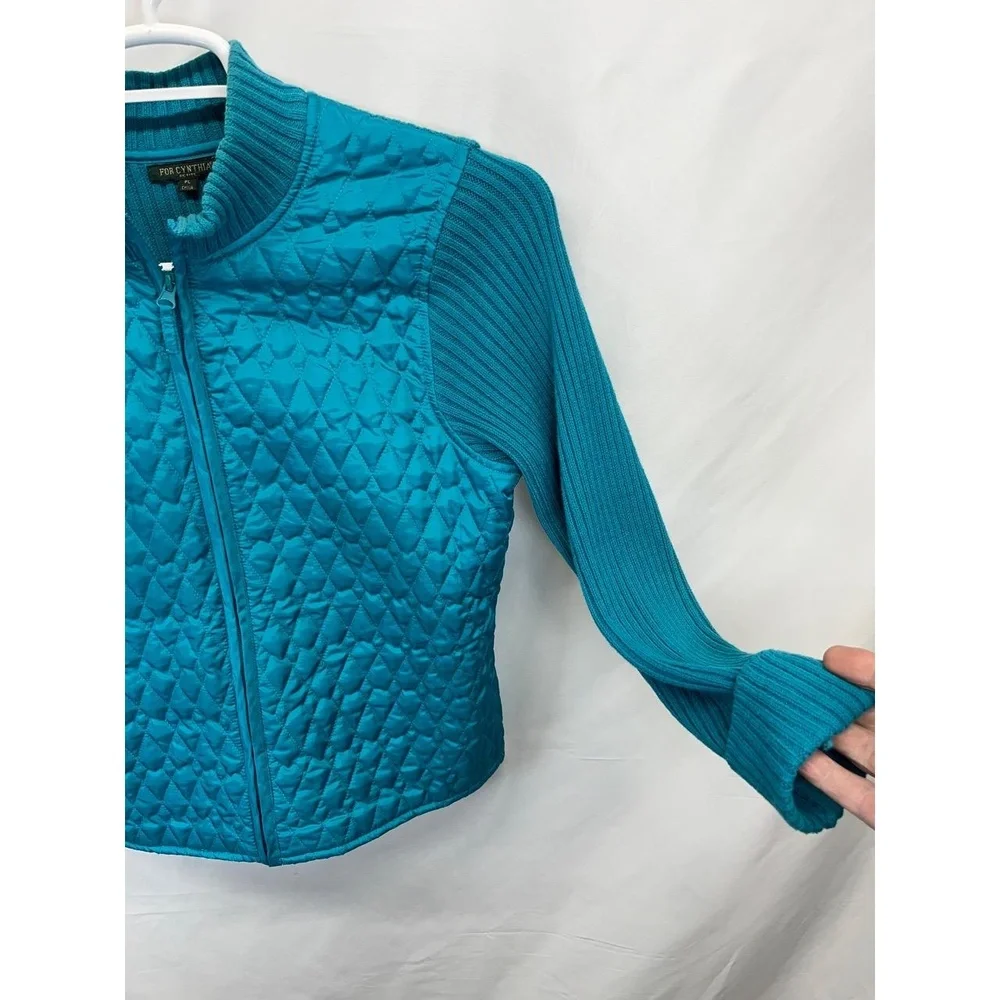 Vintage For Cynthia Petite Women's Teal Quilted Knit Zip Sweater Jacket Size‎ PL